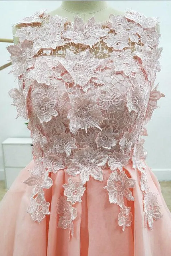 A-line Lace Bateau Neckline Pink Homecoming Dresses With Appliques PD429