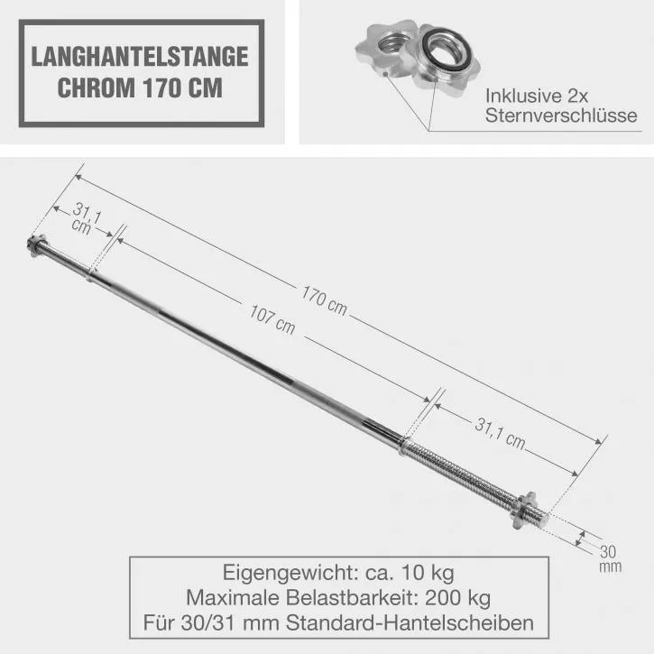 Barbell Bar 170cm - Spinlock Star Collars - Chrome