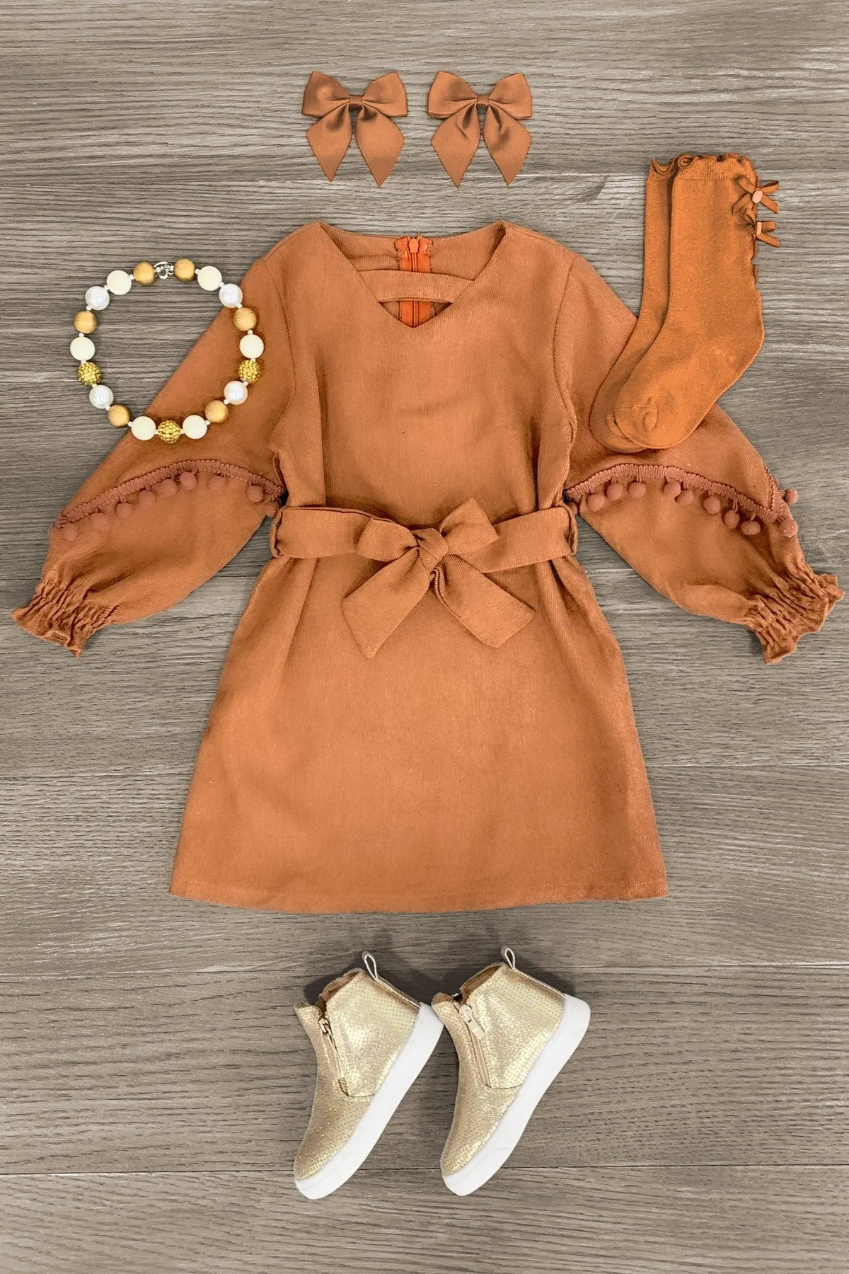 Brown Pom Pom Tie Corduroy Dress