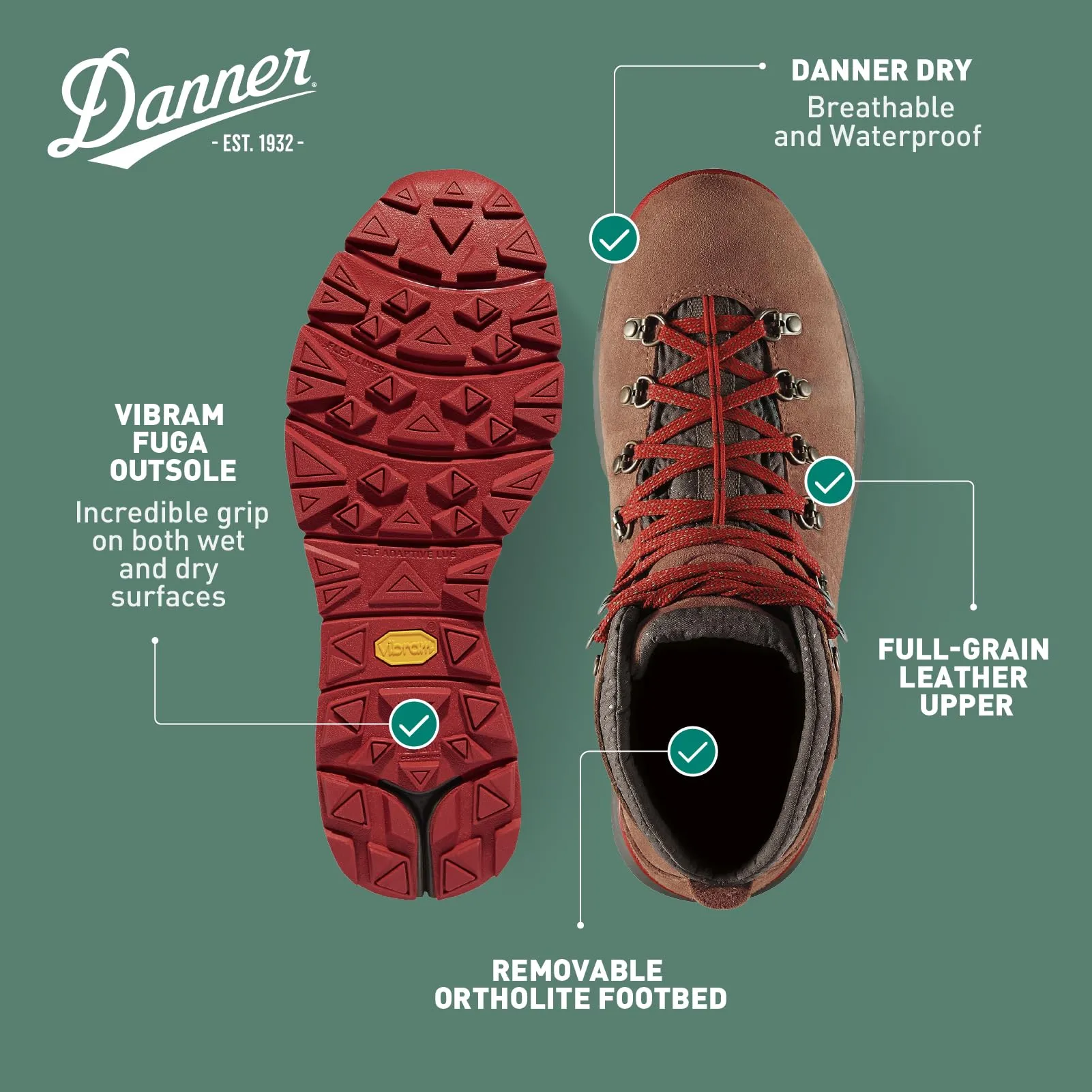 Danner Mountain 600 Hiking Boots for Women Density Footbed & Vibram Traction Outsole, Brown/Red