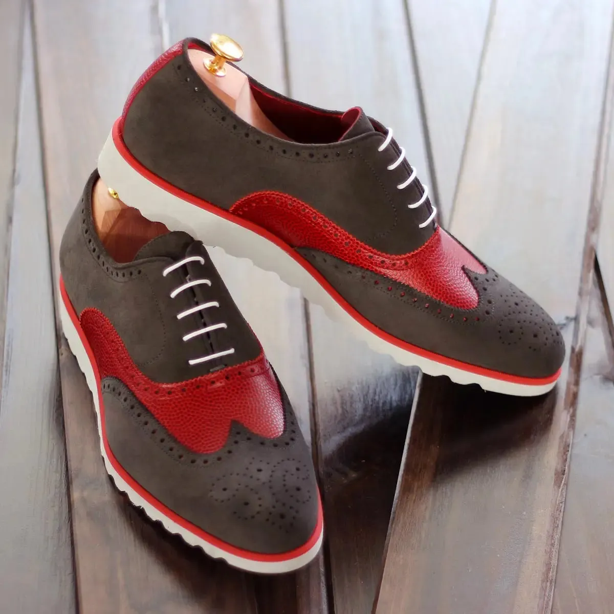 DapperFam Aeron in Grey / Red Men's Lux Suede & Italian Pebble Grain Leather Full Brogue