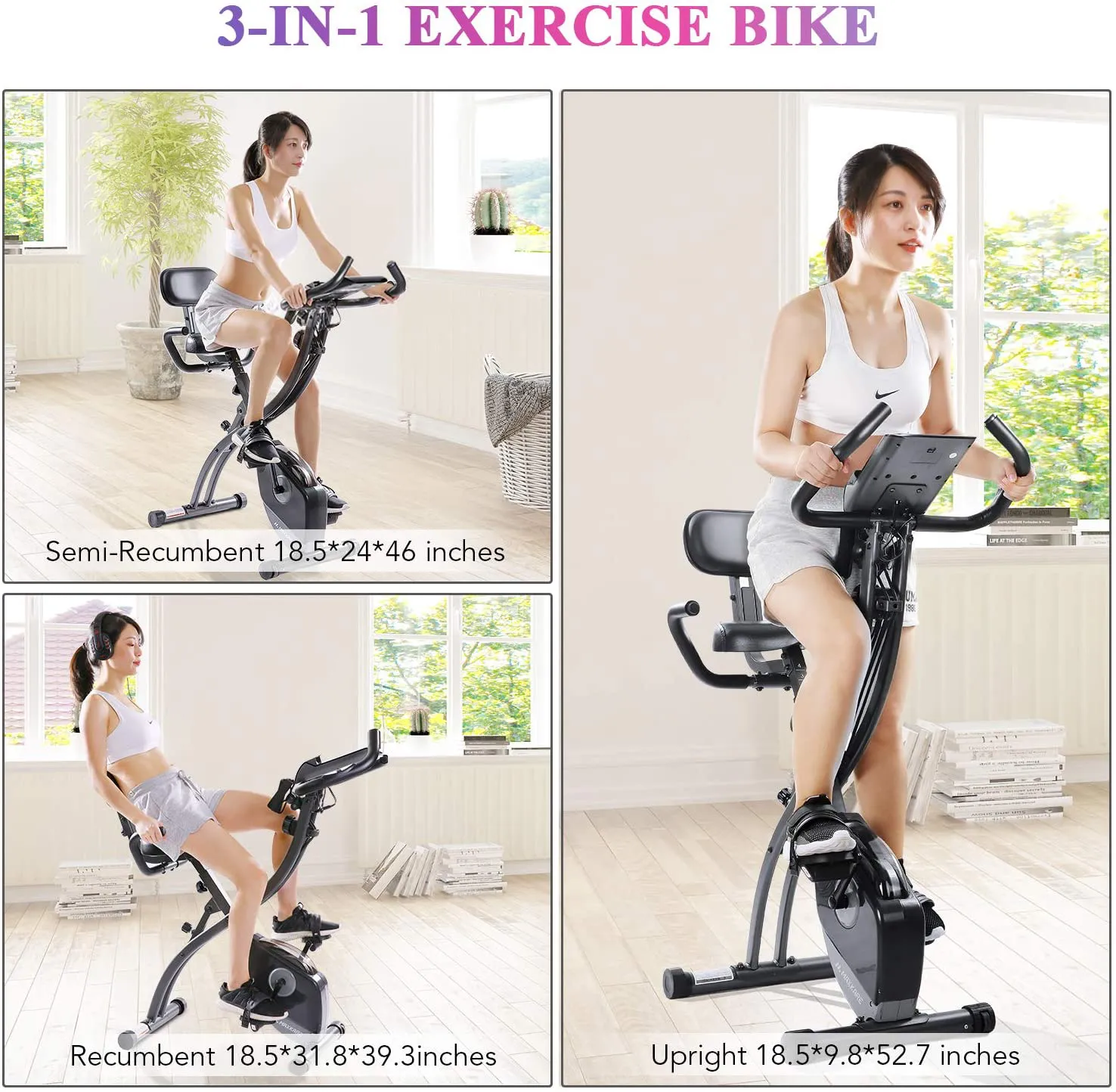 Exercise Bike Stationary Bike Foldable Magnetic Upright Recumbent Portable Fitness Cycle with Arm Resistance Bands Extra-large Adjustable Seat Pulse 3-in-1 Cycling Indoor Trainer for Home