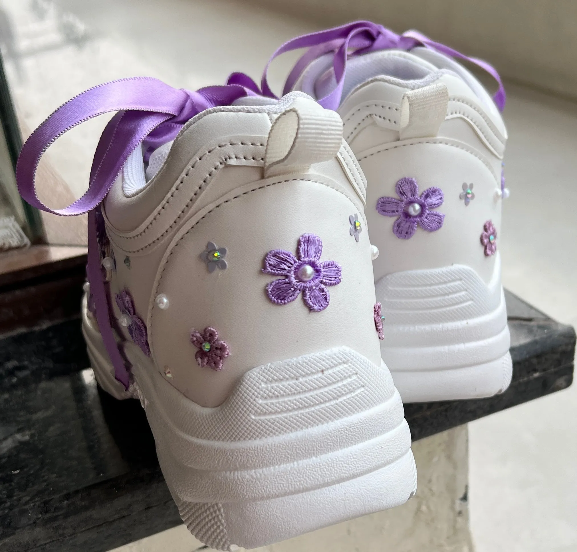 Funky N Trendy purple / lilac/ lavender embroidery floral work bridal sneakers/ bridesmaid sneaker / hancrafted sneakers / purple sneakers / white sneakers