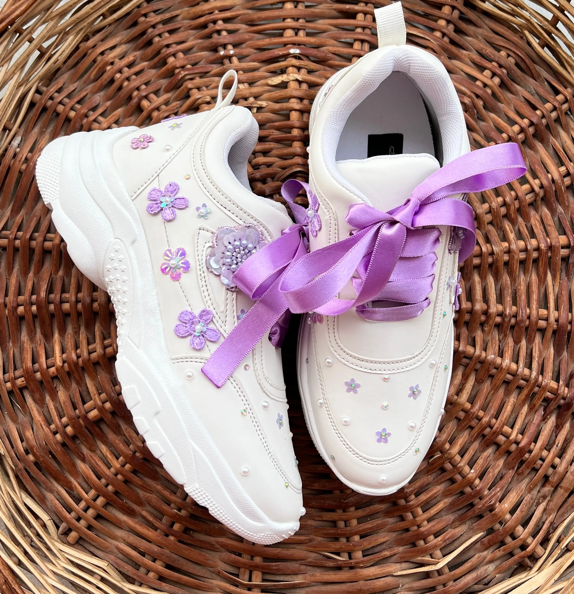 Funky N Trendy purple / lilac/ lavender embroidery floral work bridal sneakers/ bridesmaid sneaker / hancrafted sneakers / purple sneakers / white sneakers