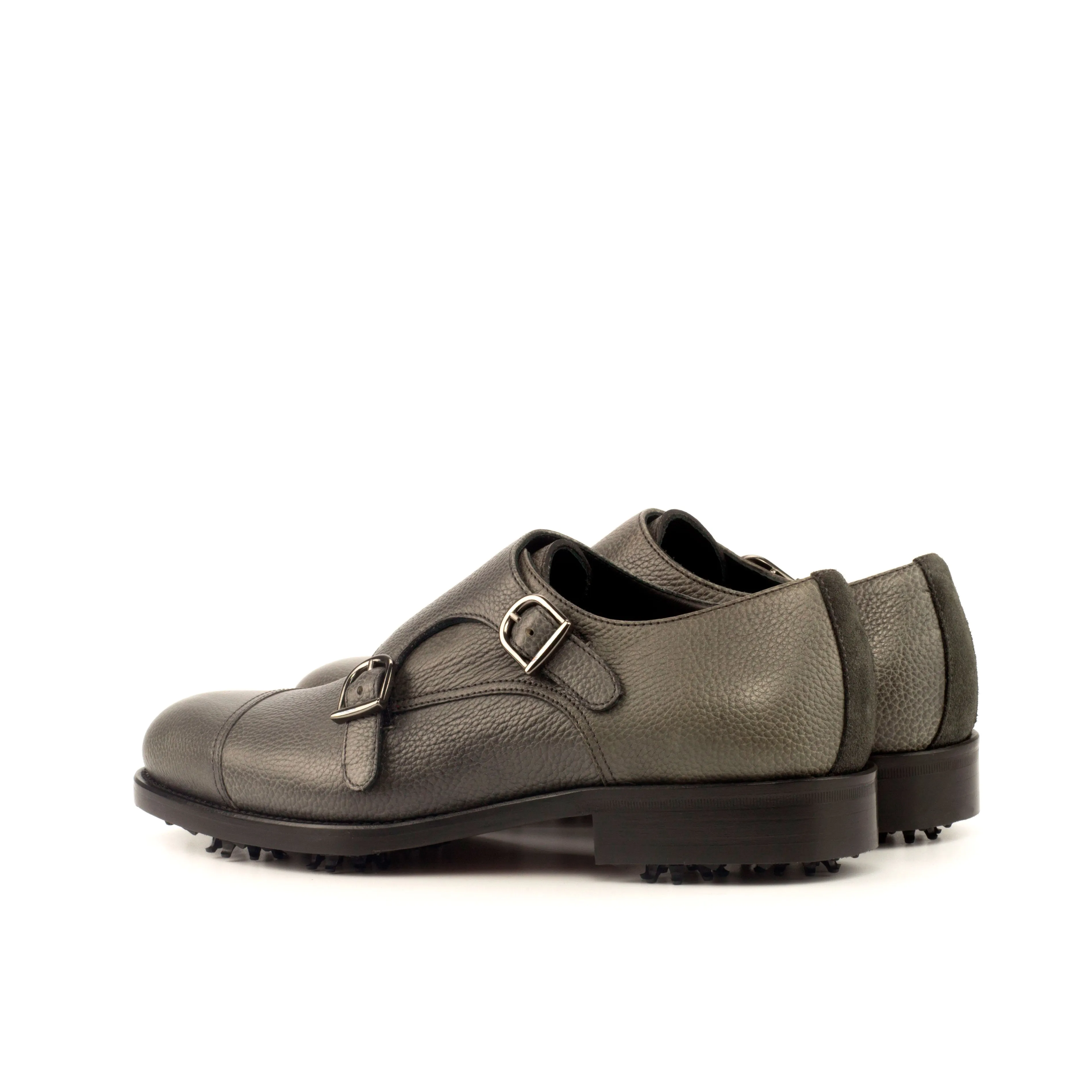 Grey Calf Leather & Suede Double Monk Golf Shoes