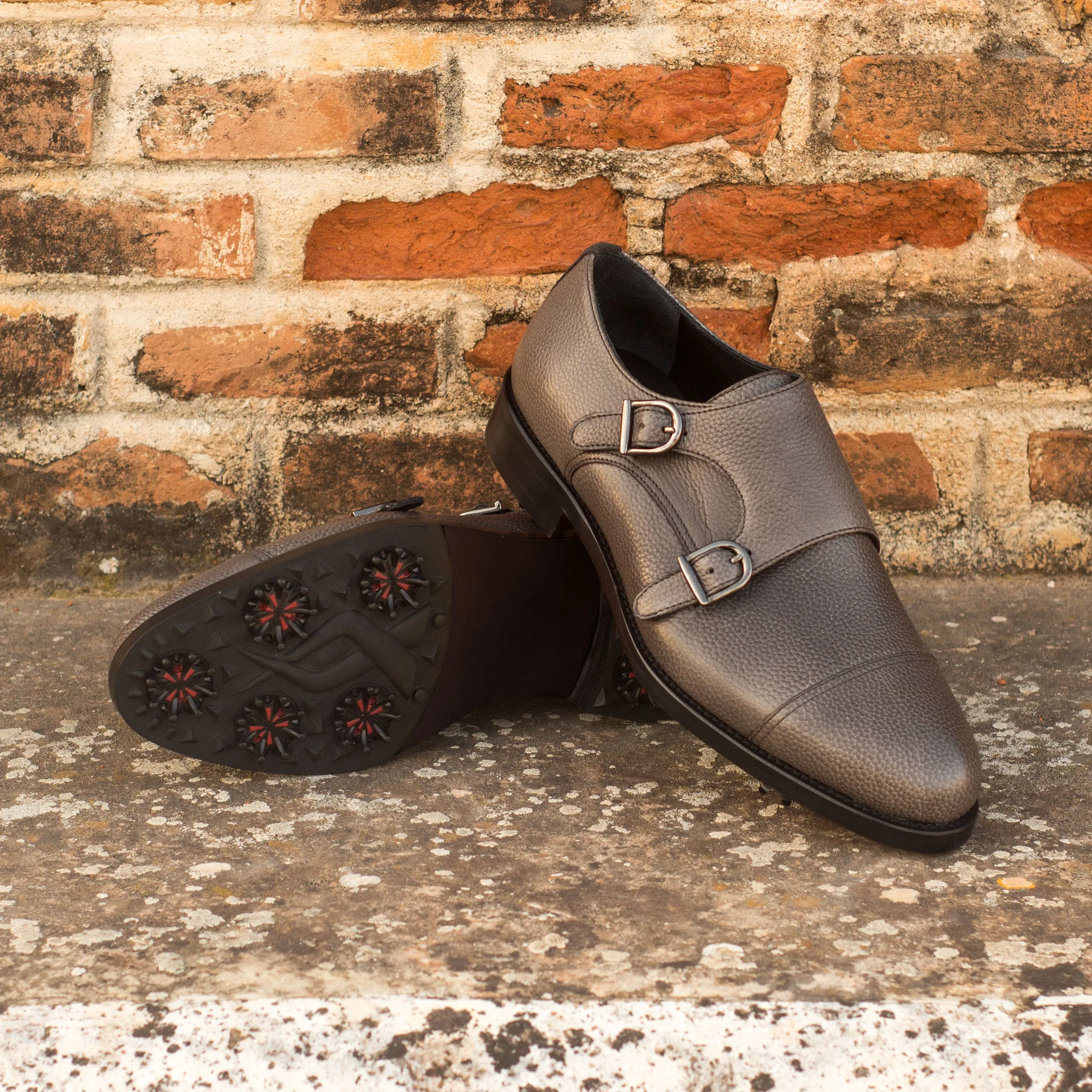 Grey Calf Leather & Suede Double Monk Golf Shoes