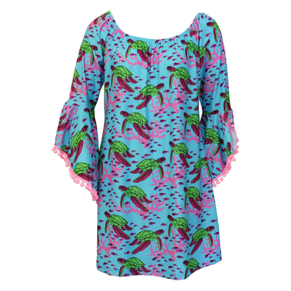 Island Trends Michelle Print Dress with Pompoms - Sea Turtles