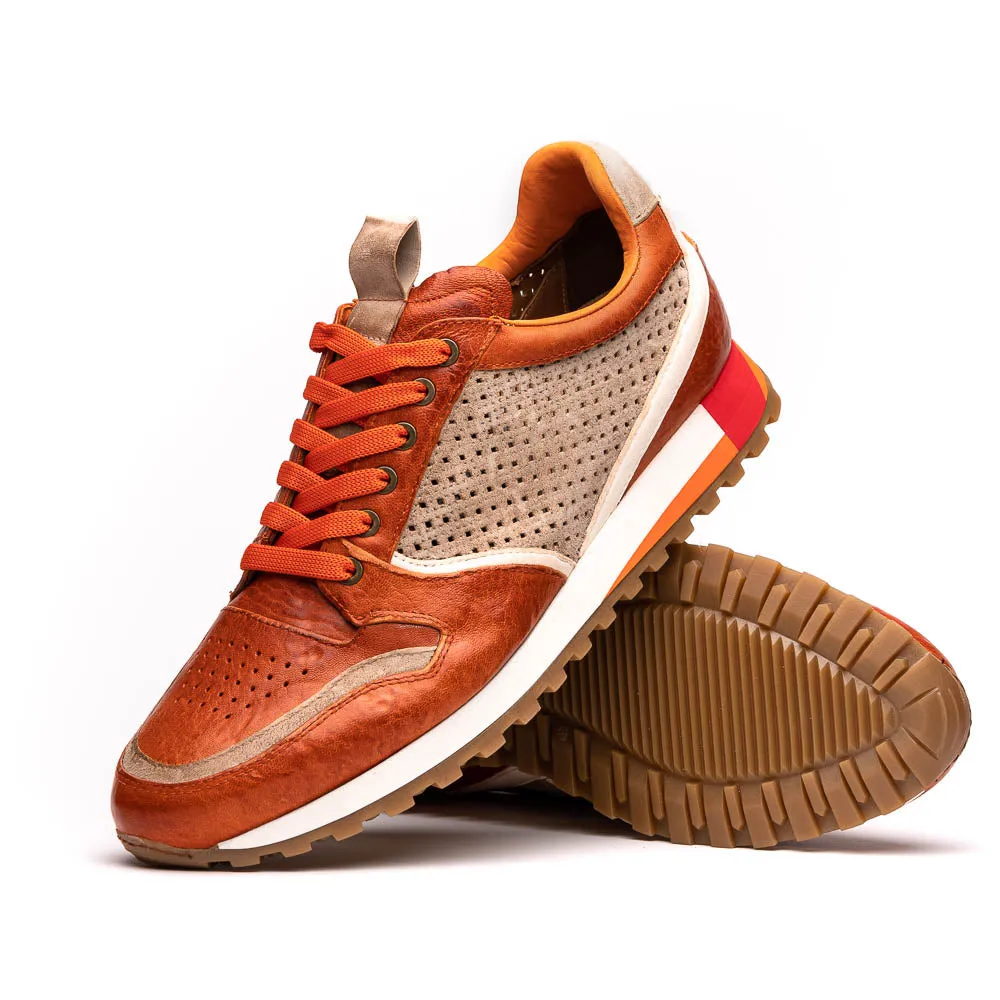 Matteo Distressed Italian Calf & Suede Perforated Sneaker in Burnt Orange by Zelli Italia