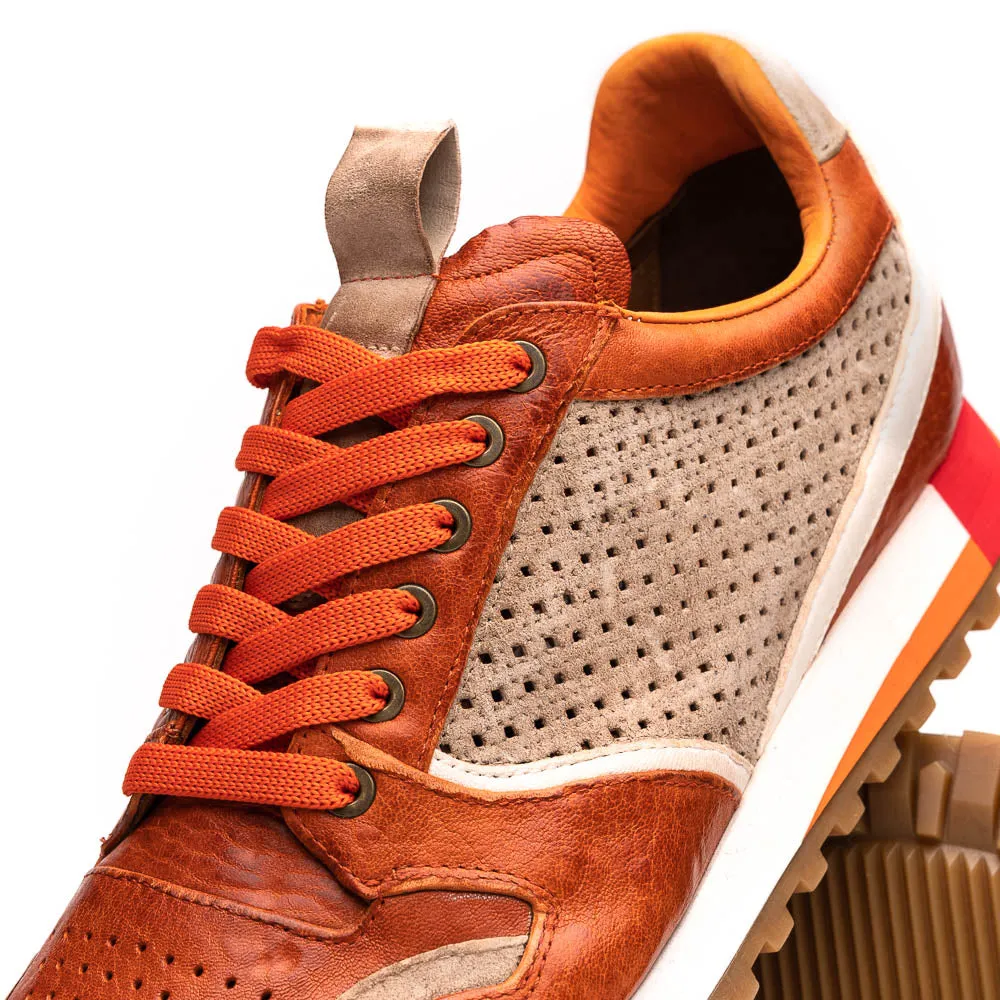 Matteo Distressed Italian Calf & Suede Perforated Sneaker in Burnt Orange by Zelli Italia