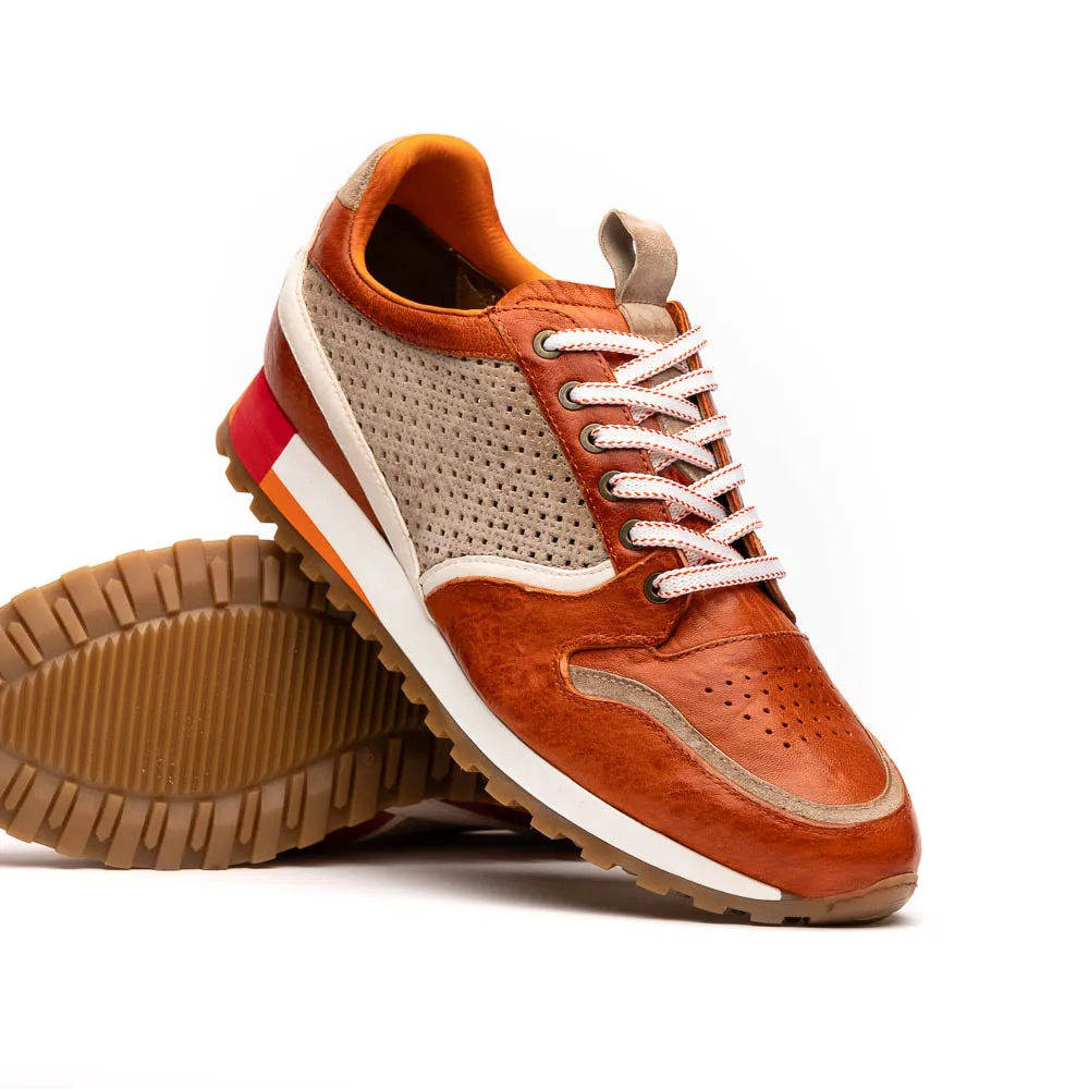 Matteo Distressed Italian Calf & Suede Perforated Sneaker in Burnt Orange by Zelli Italia