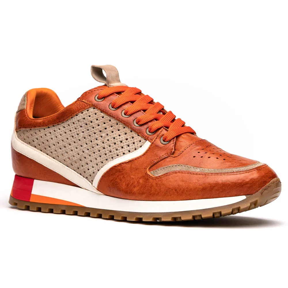 Matteo Distressed Italian Calf & Suede Perforated Sneaker in Burnt Orange by Zelli Italia