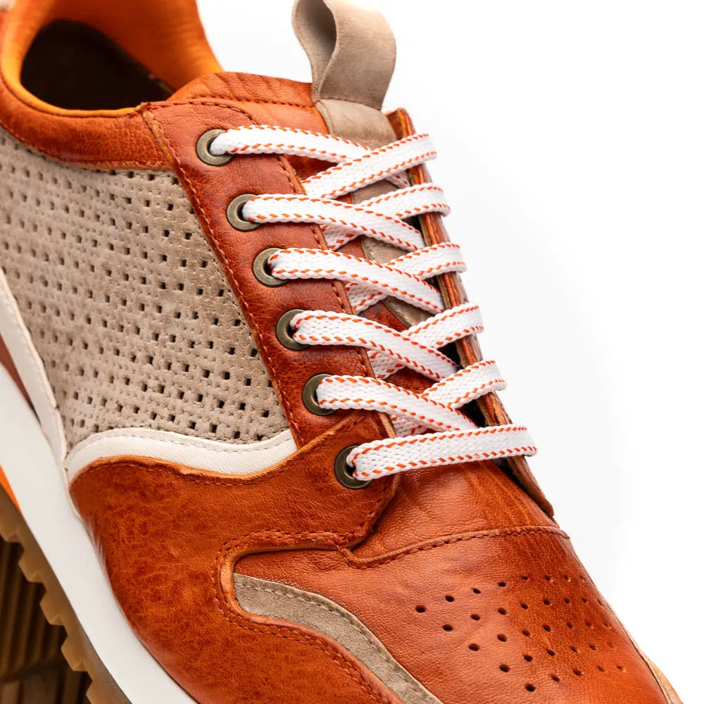 Matteo Distressed Italian Calf & Suede Perforated Sneaker in Burnt Orange by Zelli Italia