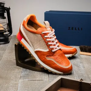 Matteo Distressed Italian Calf & Suede Perforated Sneaker in Burnt Orange by Zelli Italia