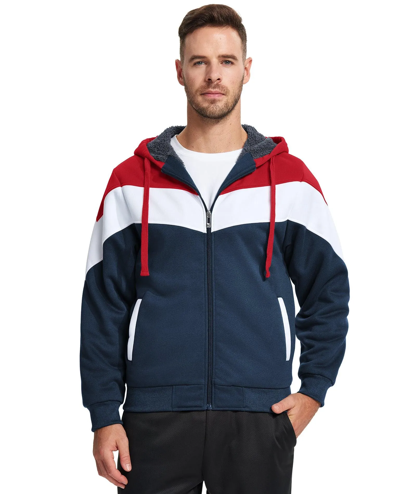 Men's Zip Up Contrast Color Fleece Hoodie-AWY2107