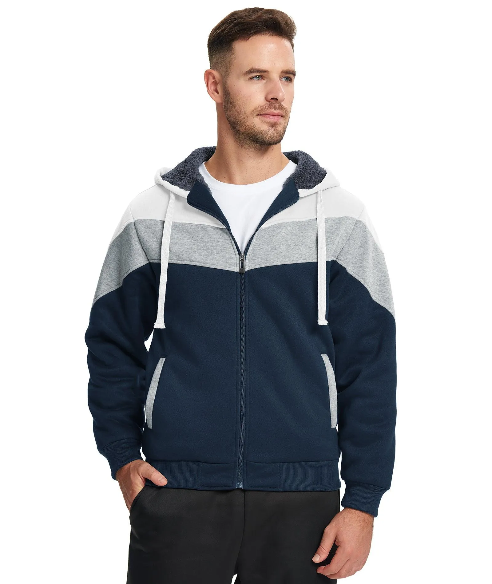 Men's Zip Up Contrast Color Fleece Hoodie-AWY2107