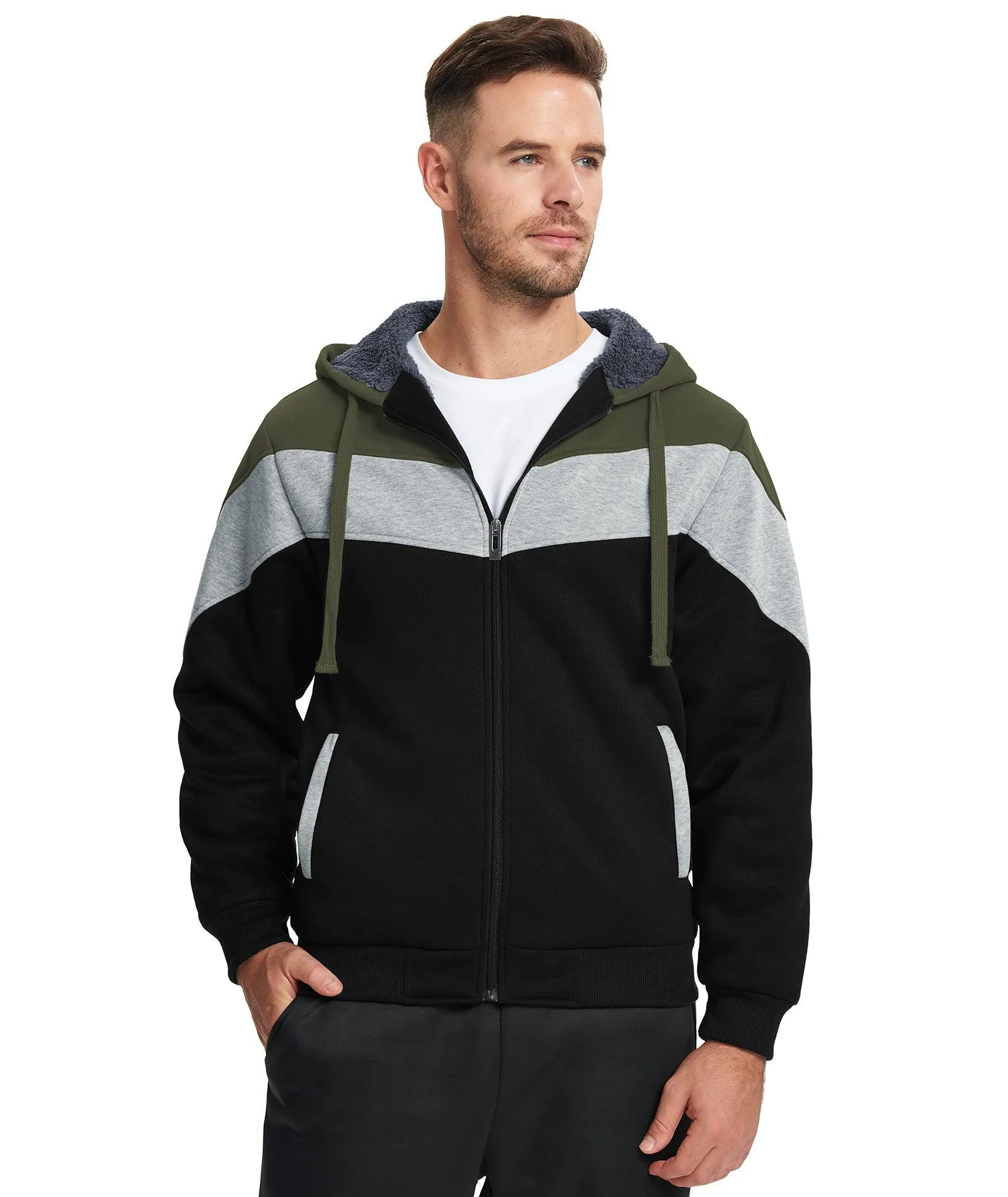 Men's Zip Up Contrast Color Fleece Hoodie-AWY2107