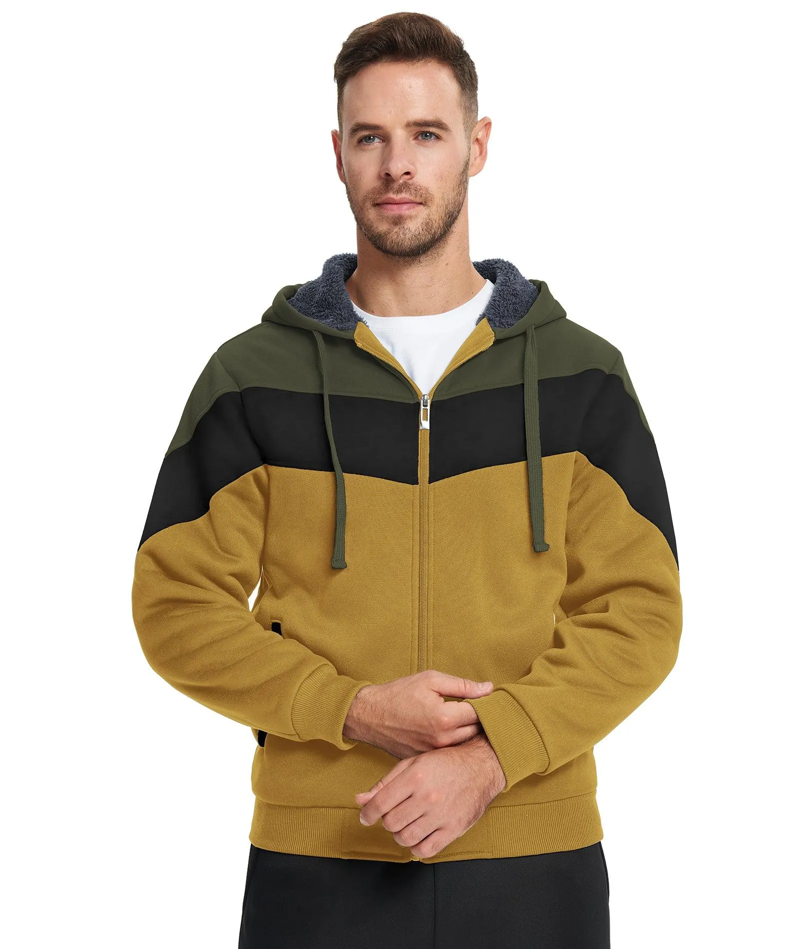 Men's Zip Up Contrast Color Fleece Hoodie-AWY2107