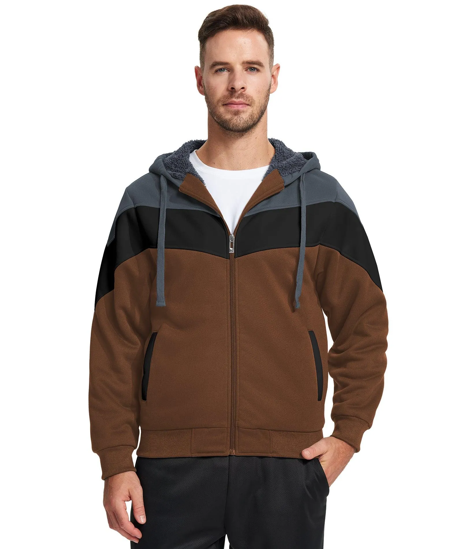 Men's Zip Up Contrast Color Fleece Hoodie-AWY2107