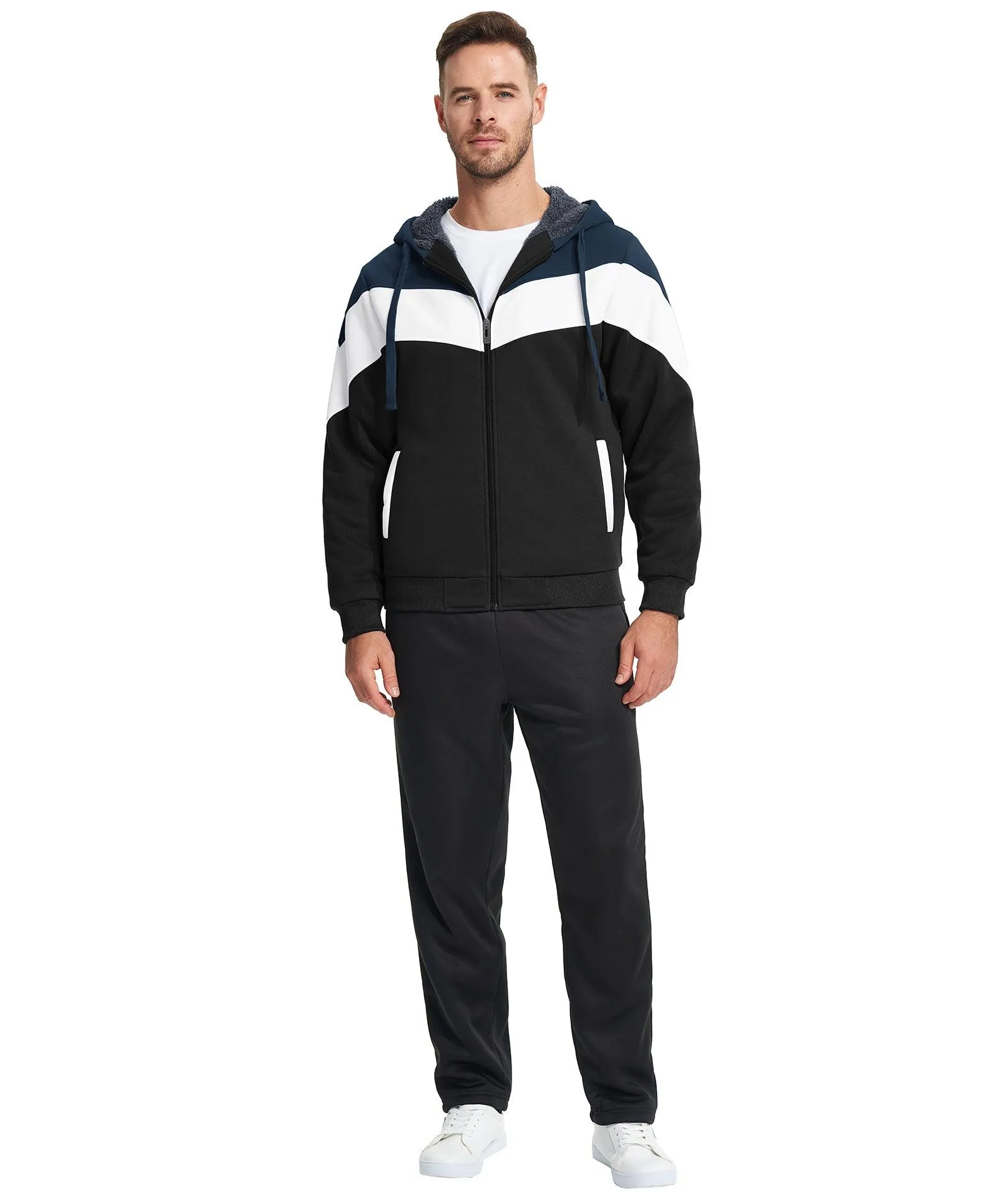 Men's Zip Up Contrast Color Fleece Hoodie-AWY2107