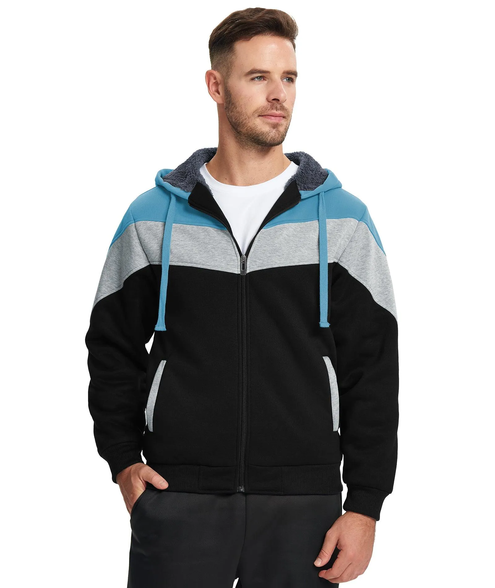 Men's Zip Up Contrast Color Fleece Hoodie-AWY2107