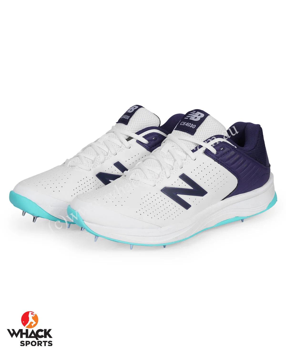 New Balance CK4030 Cricket Shoes - Steel Spikes - White/Cyber Jade/Dark Mercury