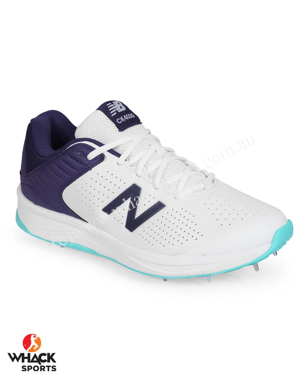 New Balance CK4030 Cricket Shoes - Steel Spikes - White/Cyber Jade/Dark Mercury