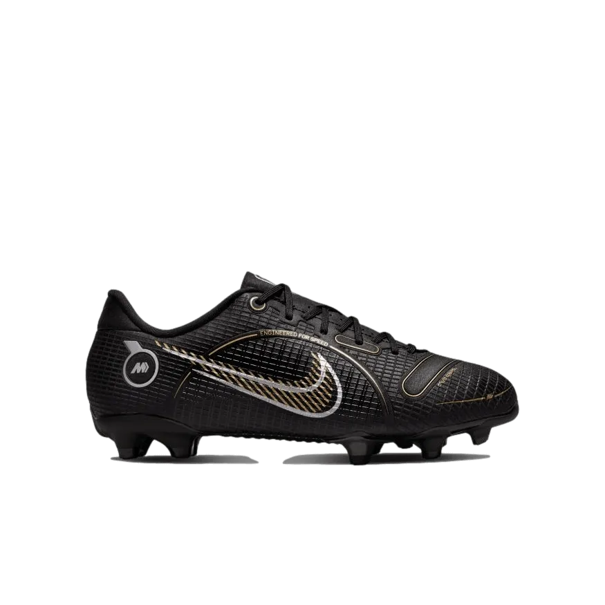 (NIKE-DJ2856-007) Nike Mercurial Vapor 14 Academy Youth Firm Ground Cleats [black/metallic gold/metallic silver]