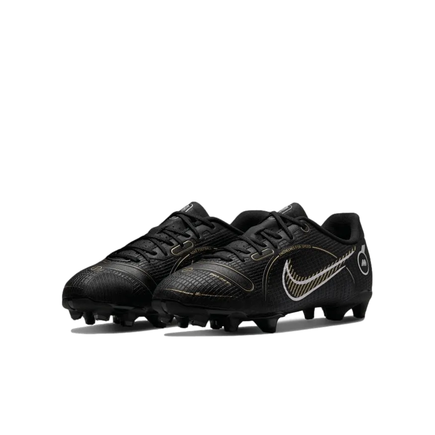 (NIKE-DJ2856-007) Nike Mercurial Vapor 14 Academy Youth Firm Ground Cleats [black/metallic gold/metallic silver]