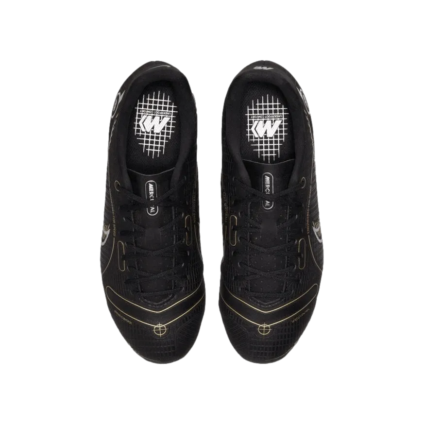 (NIKE-DJ2856-007) Nike Mercurial Vapor 14 Academy Youth Firm Ground Cleats [black/metallic gold/metallic silver]