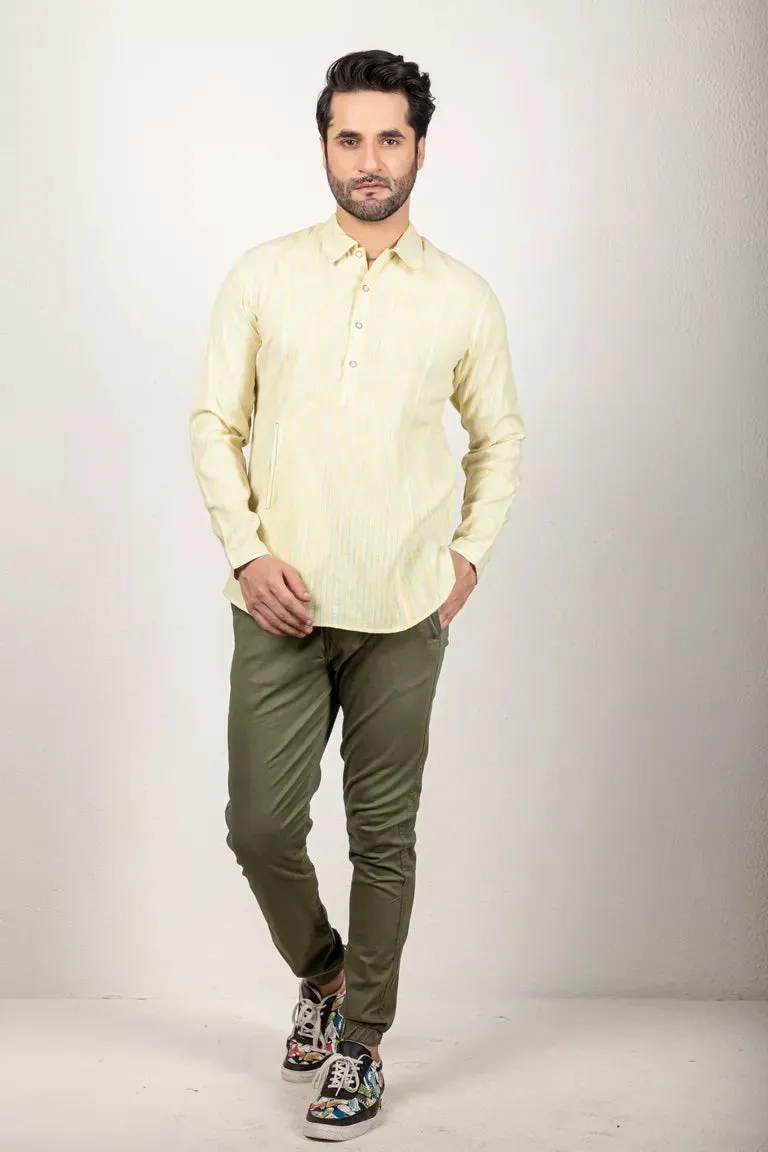 Pale Yellow And Blue Short Kurta