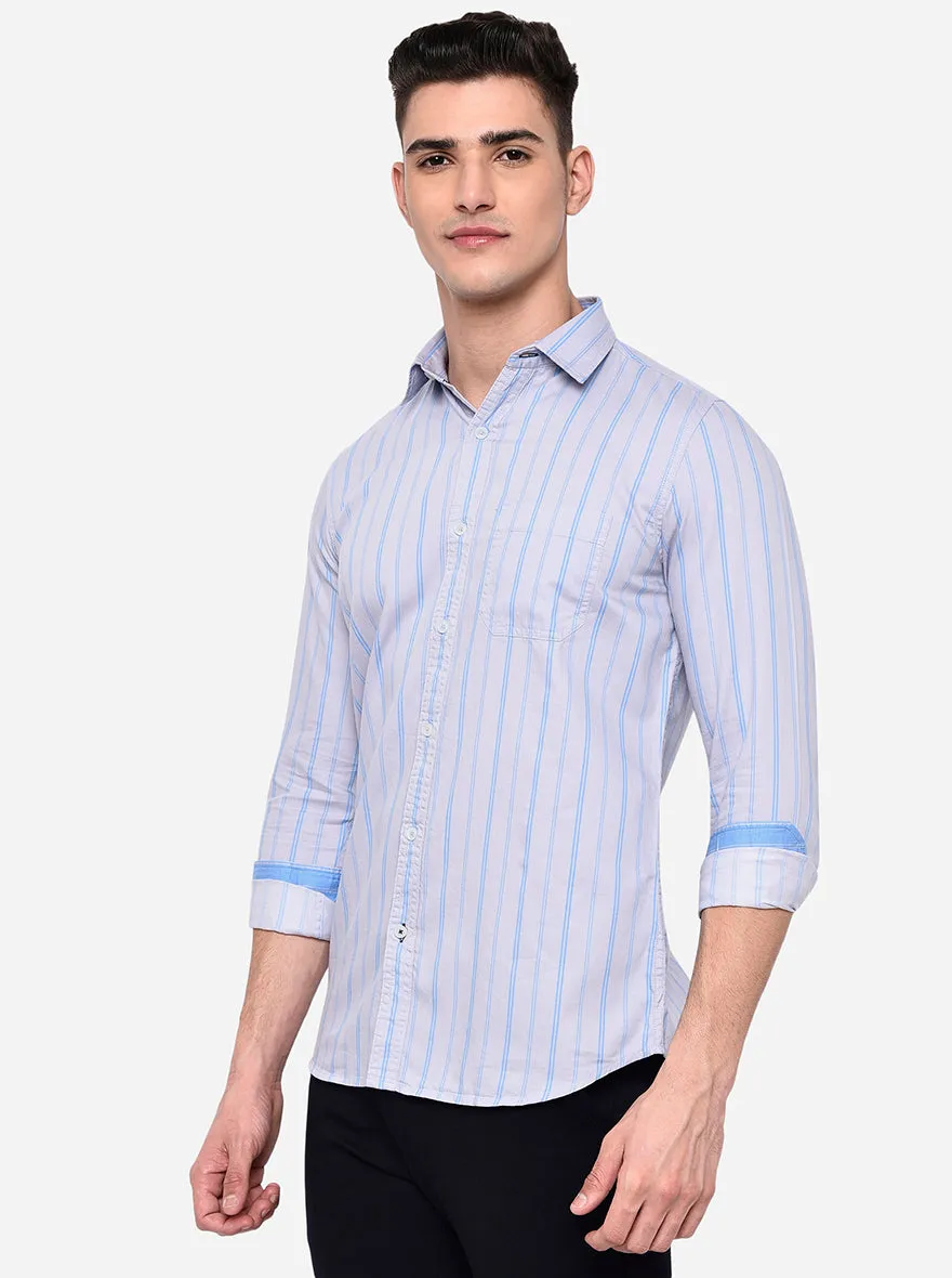 Pearl Blue Striped Slim Fit Semi Casual Shirt | JadeBlue