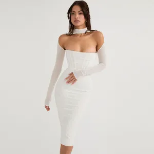 Sexy Cut Out Long Sleeve Mesh Bodycon Cocktail Midi Dress - White