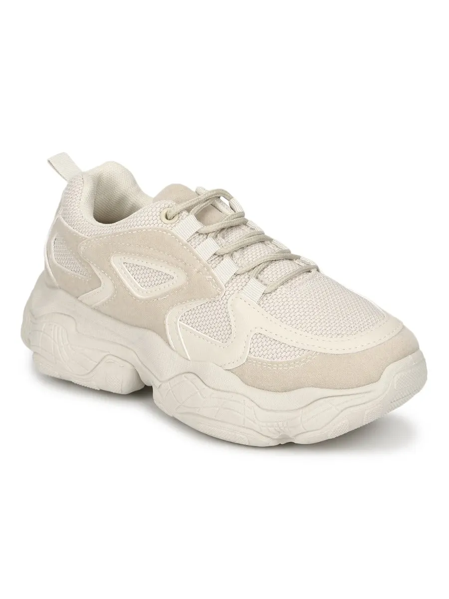 Stone Beige Mesh Lace-Up Chunky Sneakers