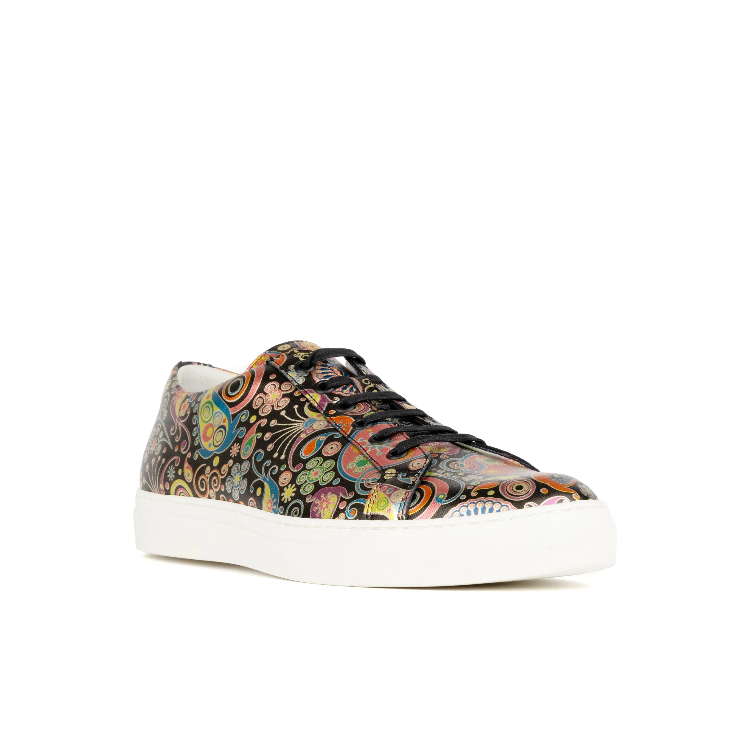 Valencia - Navy & Pink - Men's leather white rubber soles trainer in colourful print