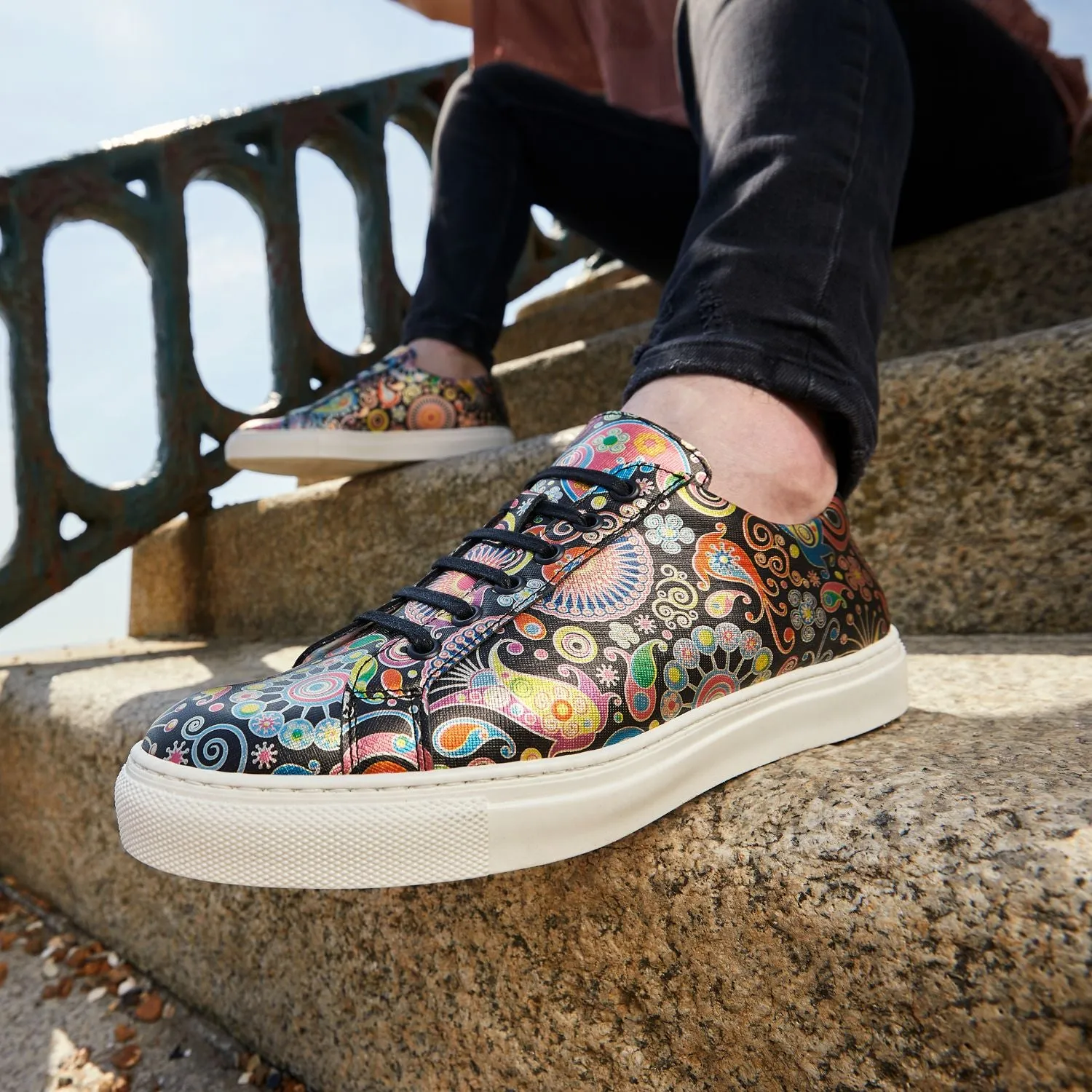 Valencia - Navy & Pink - Men's leather white rubber soles trainer in colourful print