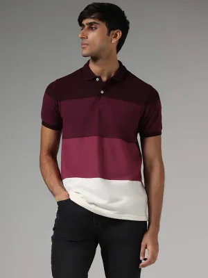 WES Casuals Wine Colorblock Slim-Fit Polo T-Shirt