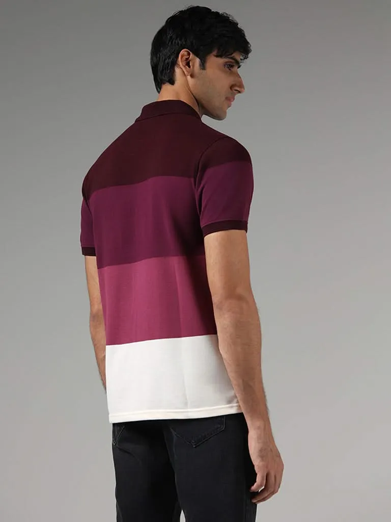 WES Casuals Wine Colorblock Slim-Fit Polo T-Shirt