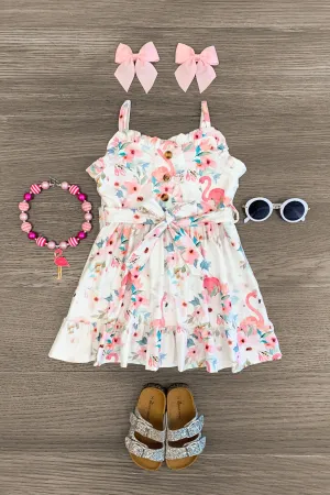 White & Pink Flamingo Floral Dress