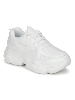 White PU Mesh Lace-Up Chunky Sneakers