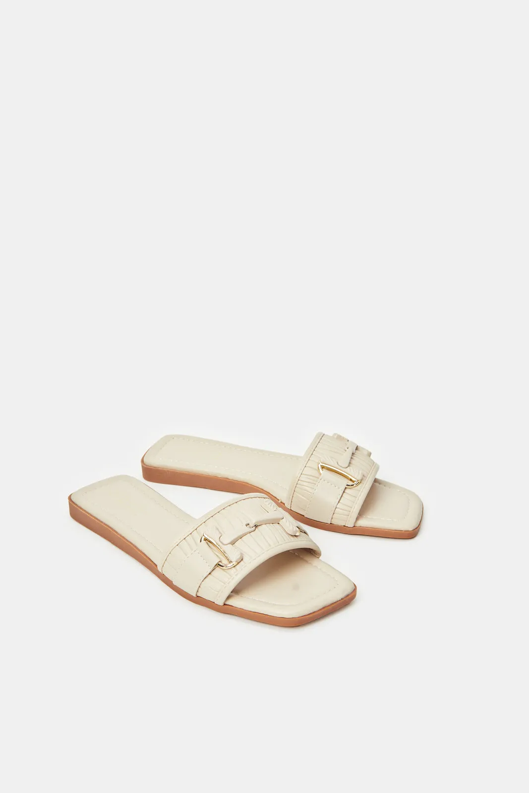 Women Beige Buckle Mule