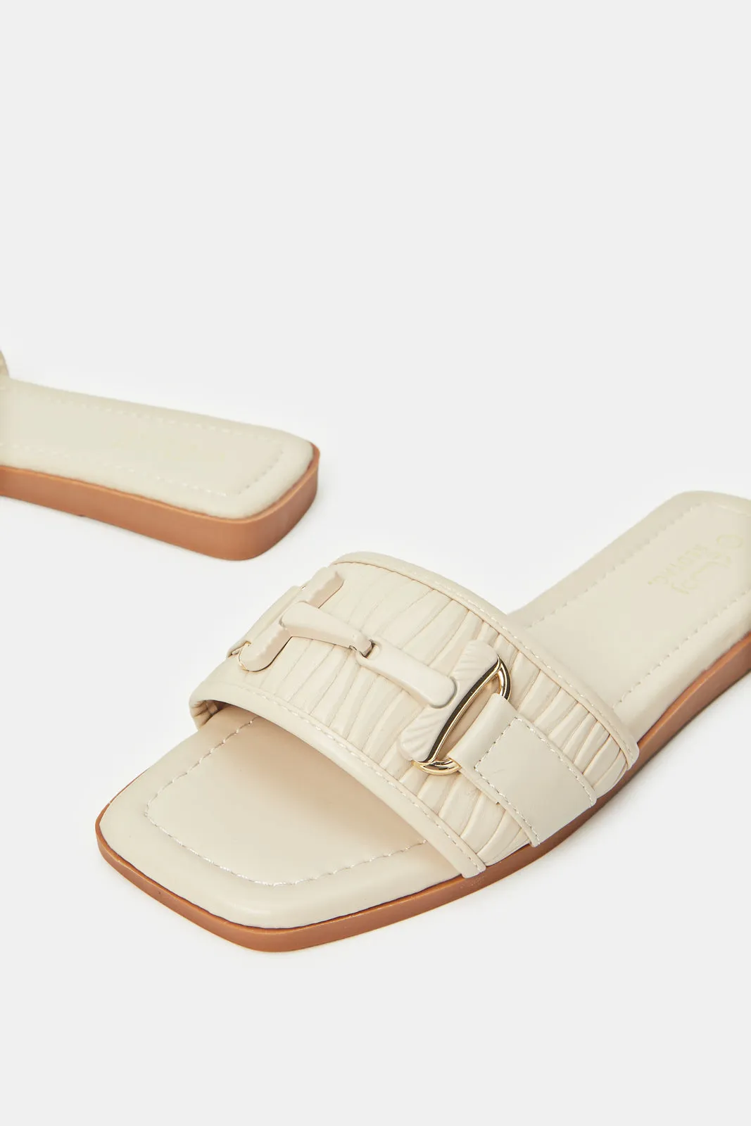 Women Beige Buckle Mule