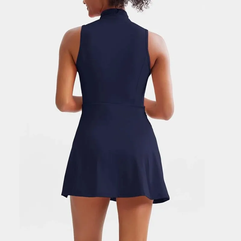 Women's Tennis Golf Dress - Sleeveless with Built-In Shorts & Pockets