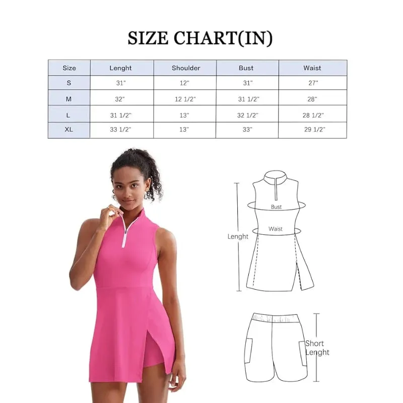 Women's Tennis Golf Dress - Sleeveless with Built-In Shorts & Pockets