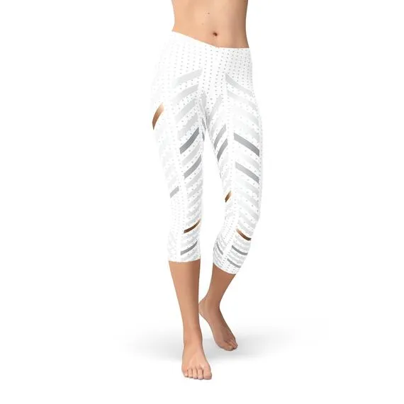 Womens White Stripes Capri Leggings